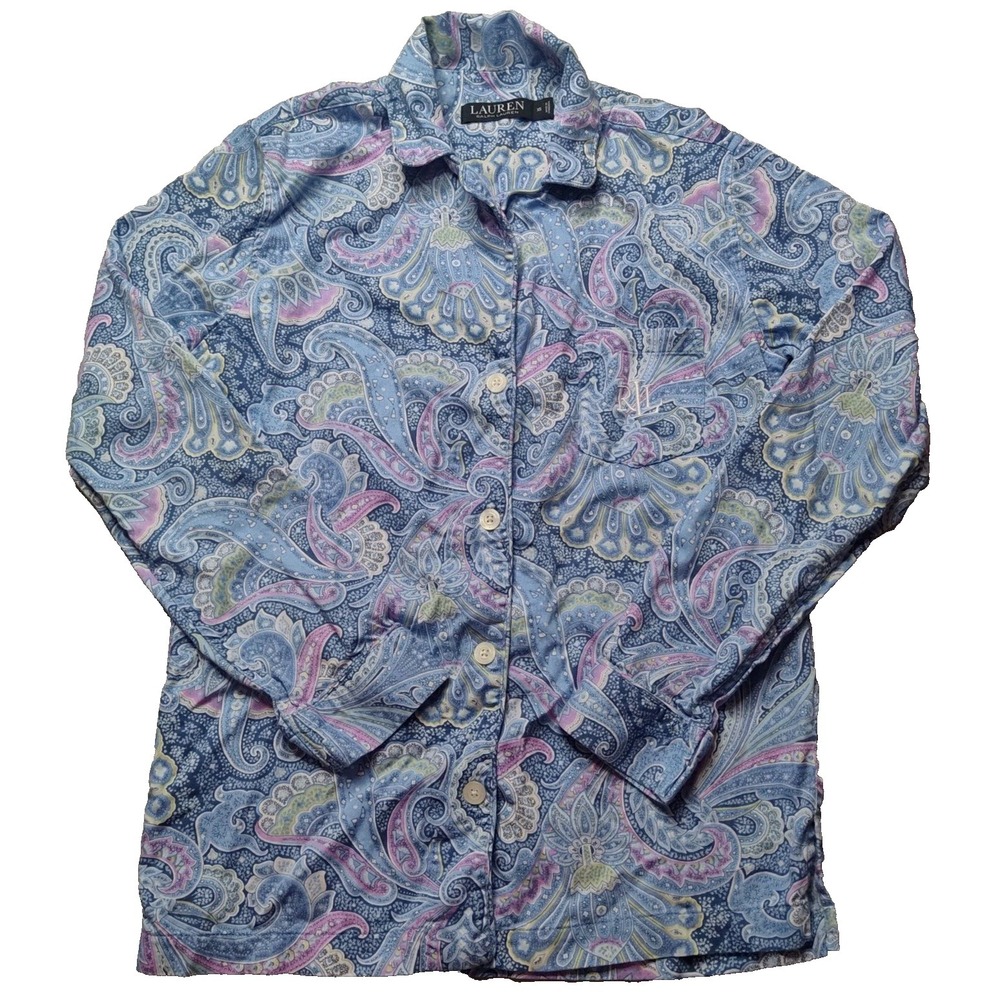 LAUREN RALPH LAUREN‎ Women XS Blue Paisley Monogramed Pocket Pajama Shirt